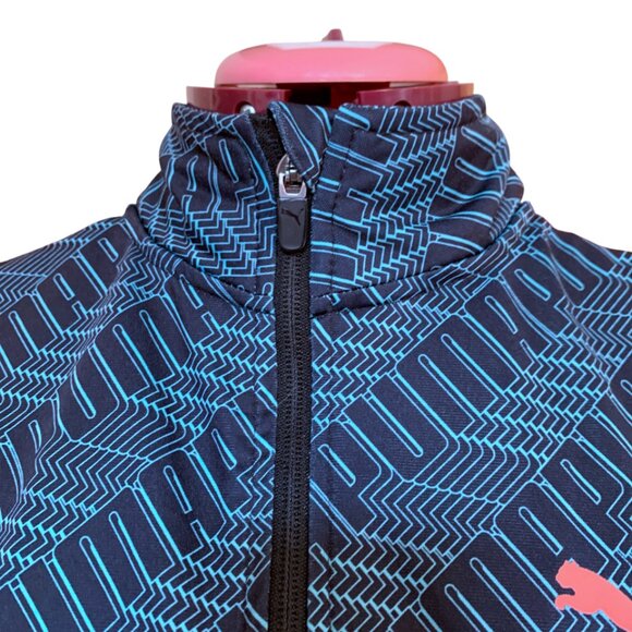 PUMA Kids Track Jacket Size Large 14-16 Black Teal Orange Logo Pattern Full Zip - Picture 5 of 10